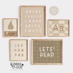 Set of 5 Learning Prints Neutral Watercolor Alphabet Motivational Quote Cute Pear Letters Montessori Educational Poster Gender Neutral