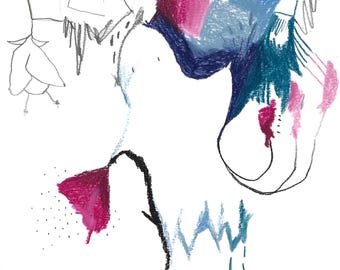 May include: Abstract artwork on white paper. The piece features a combination of crayon and pencil, with a color palette of pink, blue, orange, and teal. The artwork includes floral and geometric shapes.