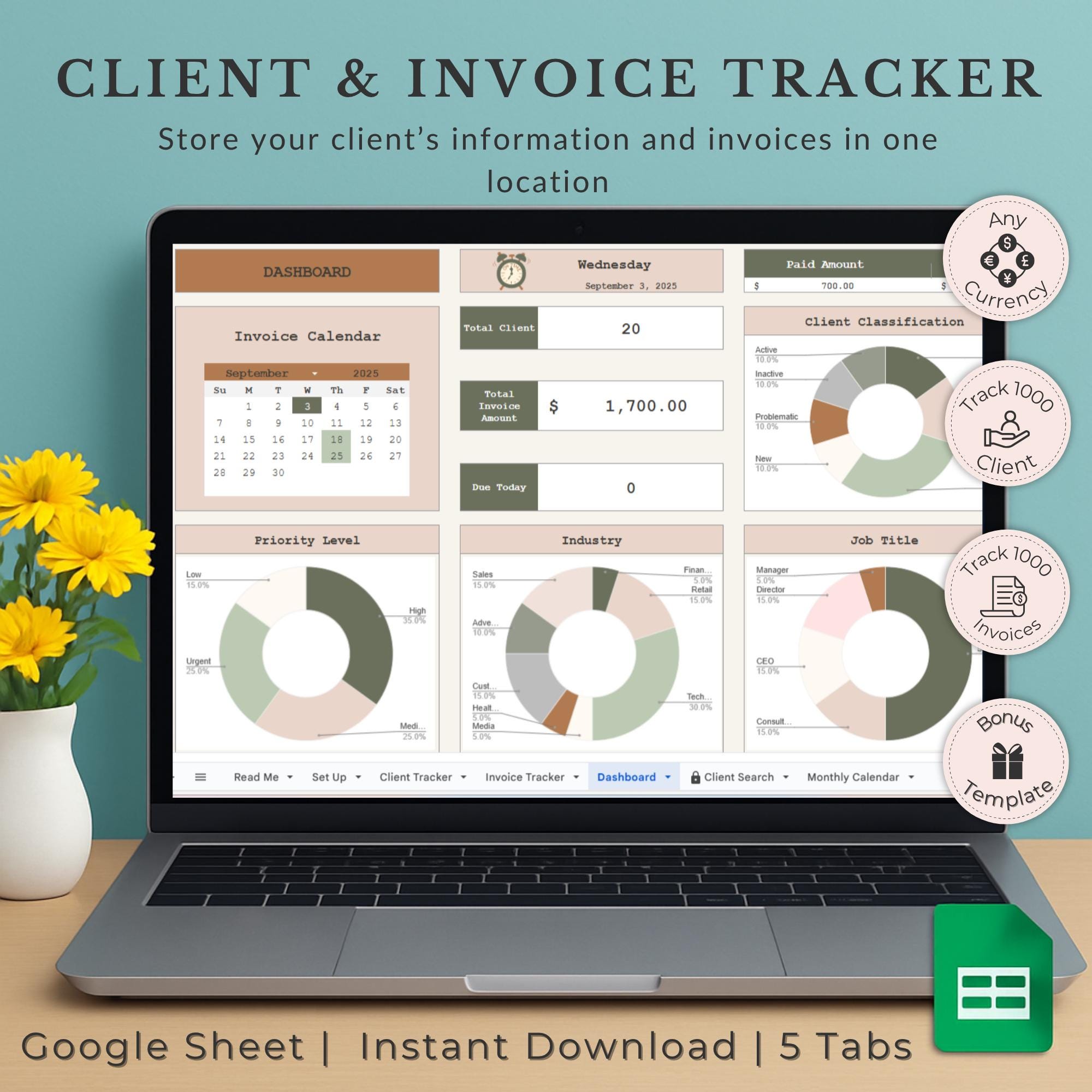 Client and Invoice Tracker Google Sheets | CRM Spreadsheet | Track ...