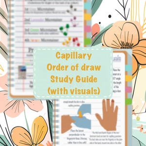 May include: A study guide for capillary order of draw with visuals. The guide includes a list of tubes and their order of draw, as well as illustrations of how to properly draw blood from a finger.