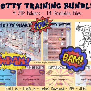 May include: Potty training bundle with 14 printable files in 4 ZIP folders. The bundle includes a potty chart, a potty routine checklist, and certificates for completing potty training milestones. The design features a superhero theme with red, yellow, and black colors.