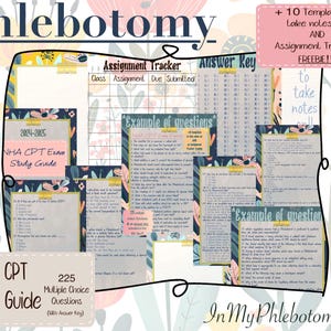 May include: A study guide for the NHA CPT exam with 225 multiple choice questions and an answer key. The guide features a floral design and the text "NHA CPT Exam Study Guide 2024-2025".