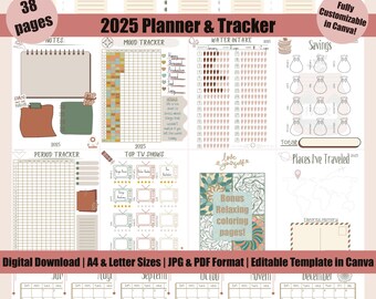 Digital Planner 2025 | Tracker | A Year In Pixels | Template | Calendar | Monthly Planner | PDF | JPEG | Canva | A4 & Letter Size