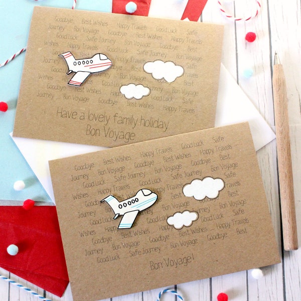 Personalised Bon Voyage Card, Goodbye Card with Handmade Aeroplane Embellishment