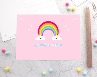 Follow Your Rainbow Happy Mail Positive Postcard with Sparkly Glitter