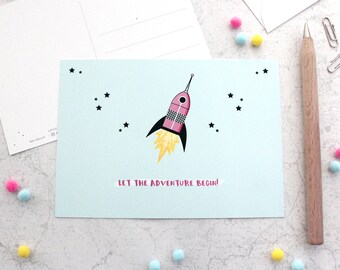Let The Adventure Begin Happy Mail Postcard: Space Themed Positive Postcard with Sparkly Glitter