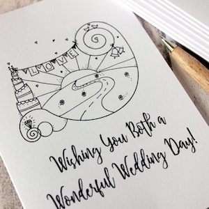 Illustrierte Hochzeit Tag Karte, schwarz und weiß mit Illustrationen