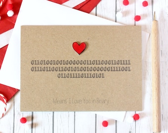 Binary Code Love Card with handmade heart embellishment. Happy anniversary card, wedding day, engagement wishes, or Valentine's Day