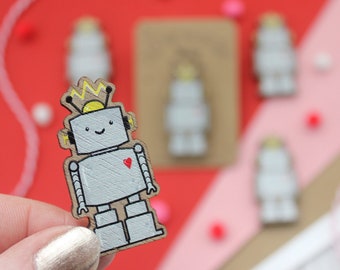 Robot Wooden Pin Badge