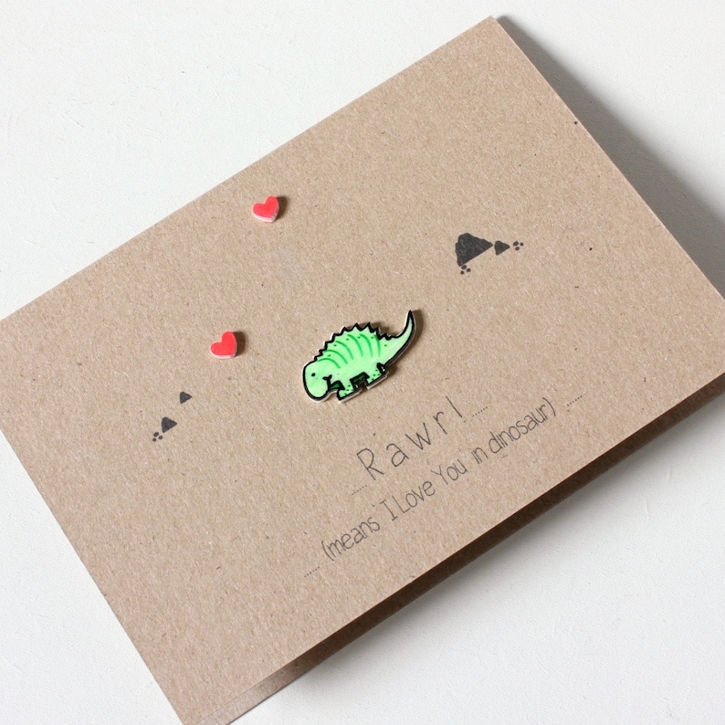 Cute Dinosaur Valentine/'s Day Card Rawr Means I Love You with Handmade Dinosaur Embellishement