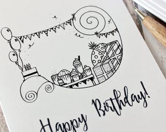 Happy Birthday Card, Black and White with Illustrations