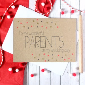 Contemporary Personalised Wedding Day Card for Parents / Mum and Dad, with Metallic Gold Dots