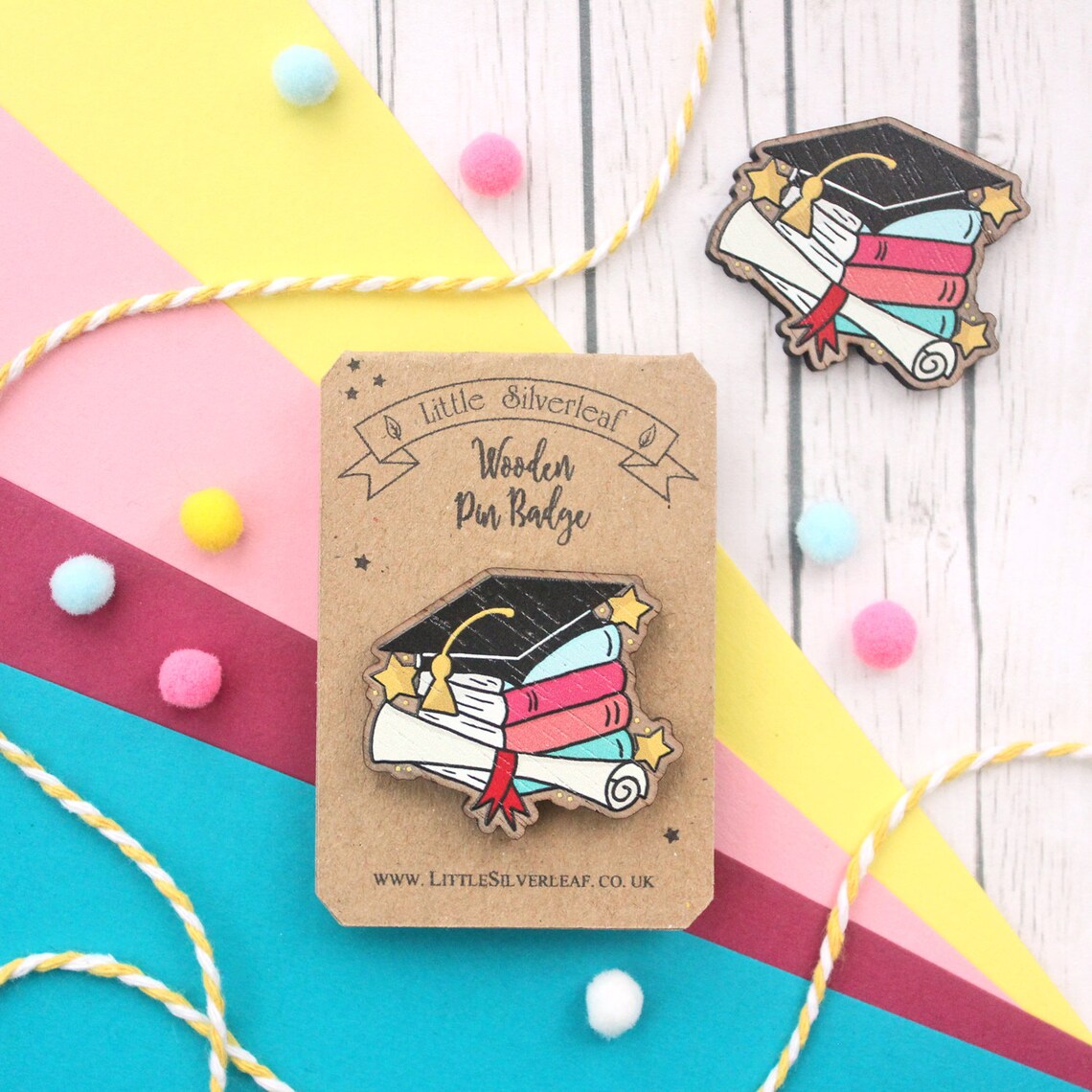 Graduation Wooden Pin Badge with Cute Mortar Board and Scroll | Etsy