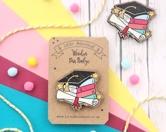 Graduation Wooden Pin Badge with Mortar Board and Scroll