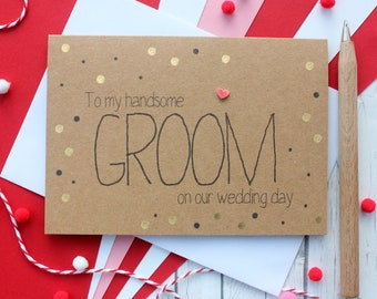 Contemporary Wedding Day Card for the Groom, From the Bride, with Metallic Gold Dots