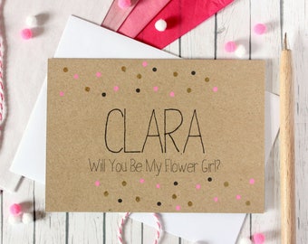 Contemporary Personalised Flower Girl Card with Metallic Gold Dots, Will You Be My Flower Girl