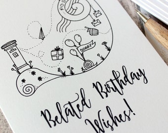Happy Belated Birthday Card, Black and White with Illustrations