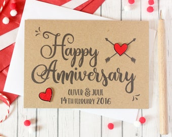 Personalised Names and Dates Anniversary Card, with Handmade Love Heart Embellishments