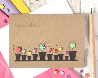 Birthday Card, Personalised Happy Birthday card with Handmade Flower Pot Embellishments