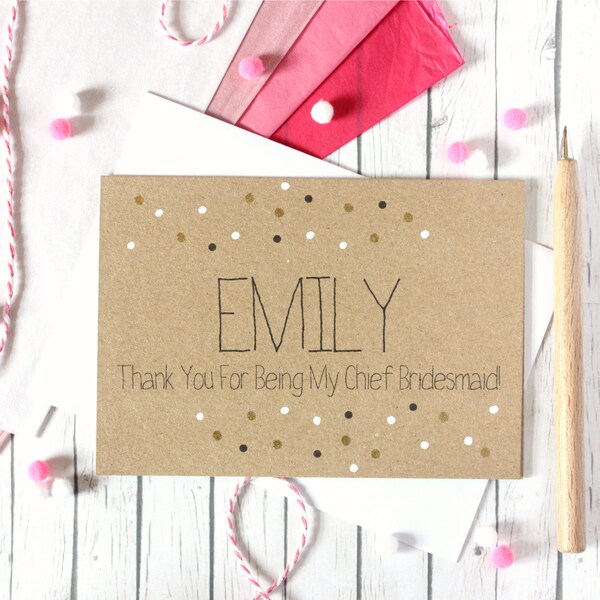 Contemporary Personalised Chief Bridesmaid Card with Metallic Gold Dots, Thank You For Being My Chief Bridesmaid