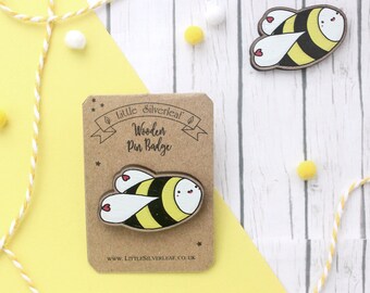 Cute Kawaii Bumble Bee Wooden Pin Badge