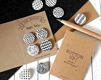 Black and White Monochrome Pattern Badge Pack, Set of 4 Button Badges (25mm Size), Cute Party Bag Gift Selection
