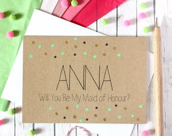 Contemporary Personalised Will You Be My Maid of Honour Card, with Metallic Gold Dots