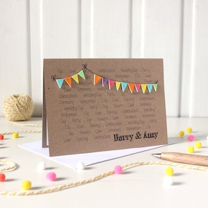 Personalisierte Hochzeit Tag Gratulationskarte, mit handgefertigten hellen Bunting Verzierungen