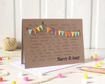 Personalised Wedding Day Congratulations Card, with Handmade Bright Bunting Embellishments