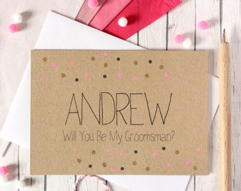 Contemporary Personalised Groomsman Card with Metallic Gold Dots, Will You Be My Groomsman