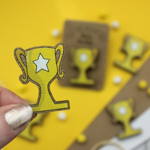 Trophy Wooden Pin Badge, Congratulations Gift