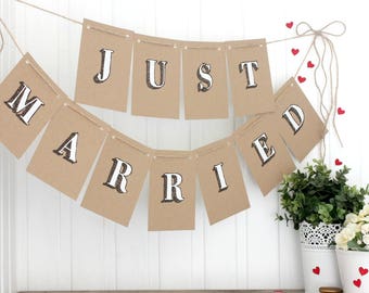 Rustic Just Married Bunting, Hand Painted Wedding Reception Party Decoration