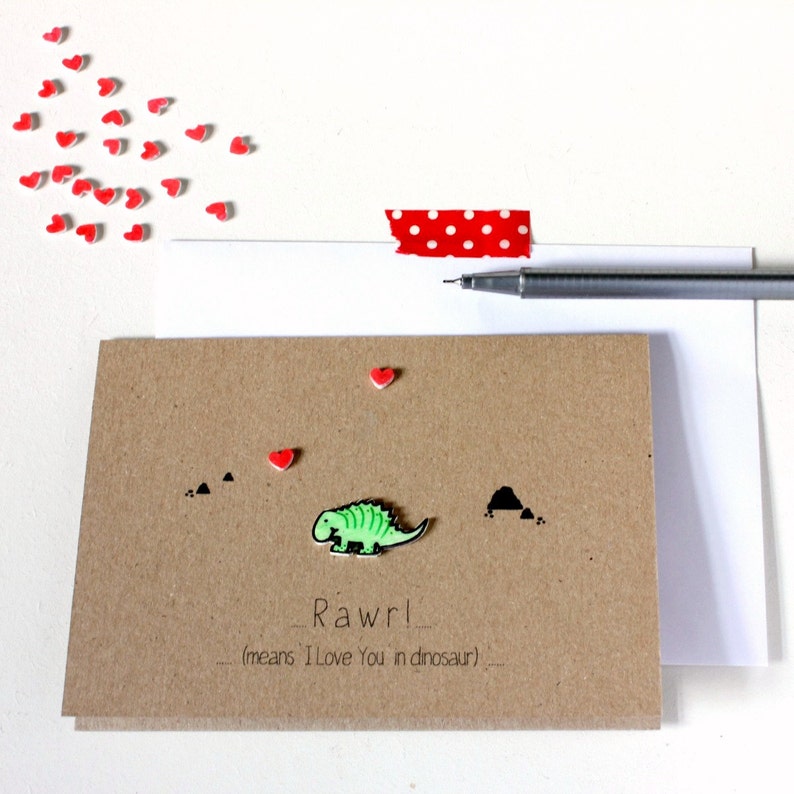 Cute Dinosaur Valentine/'s Day Card Rawr Means I Love You with Handmade Dinosaur Embellishement