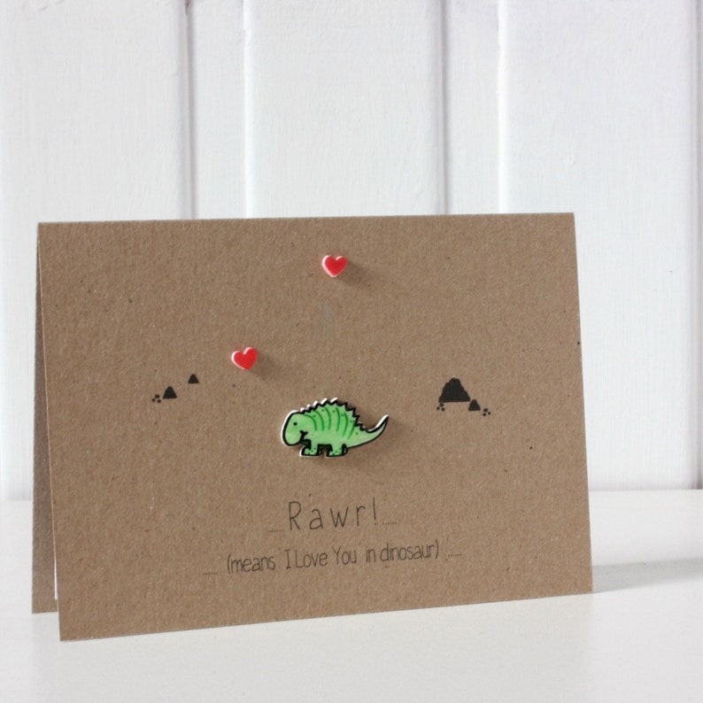 Cute Dinosaur Valentine/'s Day Card Rawr Means I Love You with Handmade Dinosaur Embellishement