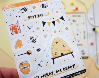 Bee Happy Stickers: Honey Bee, Honeycomb, Hive, and Flowers Sticker Sheet