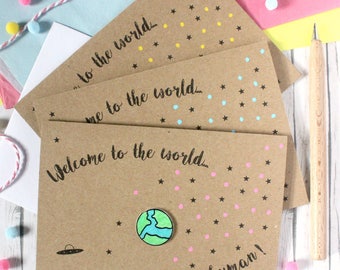 Personalised New Baby Card, Welcome to the World Tiny New Human, with Handmade Planet Earth Embellishment
