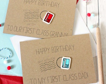 Personalised Birthday Card, with Handmade First Class Stamp Embellishment