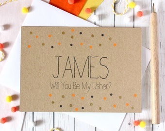 Contemporary Personalised Will You Be My Usher Card, with Metallic Gold Dots