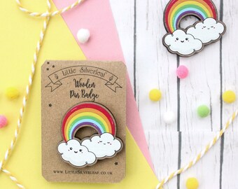 Rainbow Wooden Pin Badge with Cute Kawaii Clouds