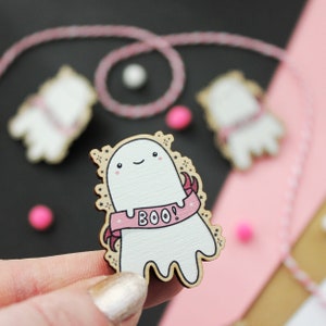 Halloween Pin - Cute Spooky Ghost - Boo! - Wooden Pin Badge