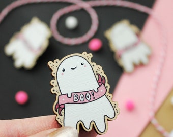 Spooky Ghost Wooden Pin Badge - Boo!