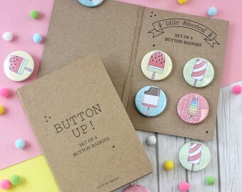 Cute Ice Lolly Badge Pack - Set of 4 Button Badges (25mm Size)