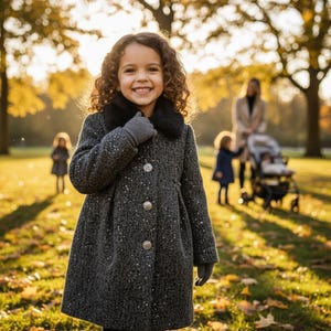 May include: A young girl smiles, wearing a gray coat with a black fur collar and matching gloves. The coat has a textured appearance with silver-colored buttons. The background shows a park with trees and other people.