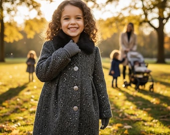 Abrigo Blumarine para niña talla 3T, mezcla de lana, negro con logo y cuello desmontable de piel sintética. Fabricado en Italia.