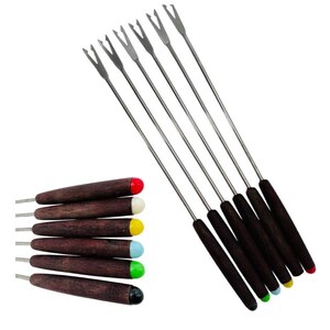 May include: Set of fondue forks with dark brown wooden handles and stainless steel tines. The handles have colored tips in red, white, yellow, blue, green, and black. The forks are designed for serving fondue.
