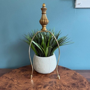 May include: A gold-colored lamp finial with a decorative design sits above a gold-colored lamp harp. The harp arches over a small, white, textured pot filled with green, spiky plants. The lamp base is not visible.