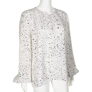 Ellen Tracy Top Womens Large Tunic High Low Keyhole Paint Spattered White Black