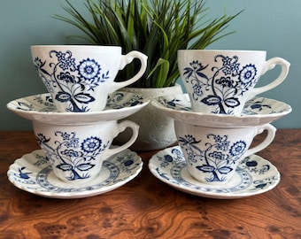 J&G Meakin Blue Nordic Tassen und Untertassen Set Mit 4 Porzellan Floral Onion Mint