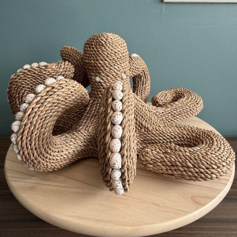 Vintage Whitewash Woven Rope Octopus W/ Seashell Accents Tabletop