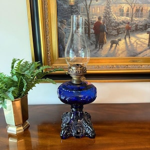 Antique Cobalt Blue Princess Feather Glass Oil Lamp 19&quot; Tall With Brass Eagle Burner & Clear Chimney